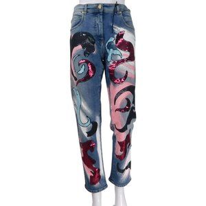 New Versace Women’s Printed Art Details With Sequins Jeans Blue Color Sz 27